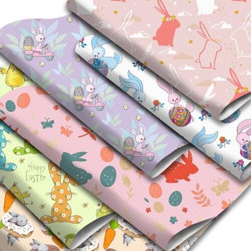 Easter Day Rabbit Eggs Chicken Printed Faux Leather Sheets Cross Pattern Synthetic Leather Fabric Roll for DIY Earrings Making