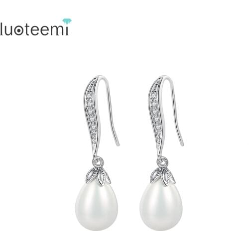 LUOTEEMI Women Elegant White Simulated-Pearl Dangle Earrings for Women Luxury Ear Jewelry Wedding Bridal Accessories