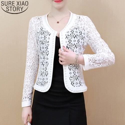 Fashion Women Lace Shirt Open Stitch Jacket White Black Long Sleeve Hollow Out Shirts Lace Jackets Plus Size 4XL Cardigans 16821