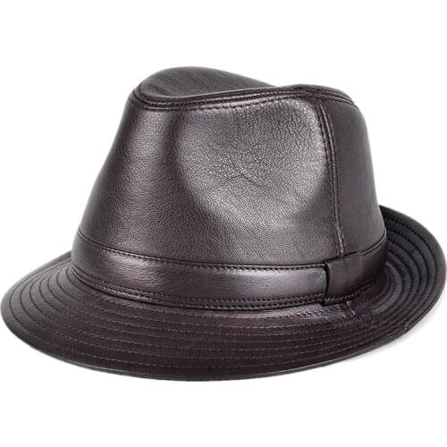 Man High Quality Genuine Leather Jazz Fedora Gentleman Cow Skin Short Brim Black/Brown Hip Pop Fitted Top Hat Male Shows Topper
