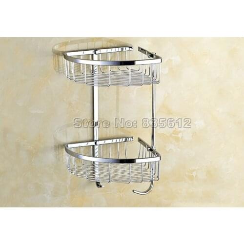 Chrome Finish Wall Mounted Dual Layer Large Corner Shower Storage Basket Kitchen Bathroom Shelf Bathroom Shower Caddy Shelf 525