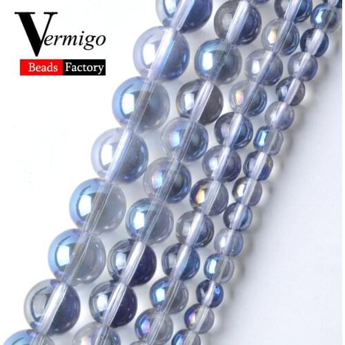 Natural Plated AB Bule Smooth Glass Beads For Jewelry Making 6 8 10 12mm Round Spacer Loose Beads Diy Bracelets Jewellery 15