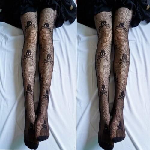 Sexy Stockings Fishnet Thigh High Tights Womens Underwear Erotic Fishnet Mesh Cutout Skull Print Punk Stretch Pantyhose