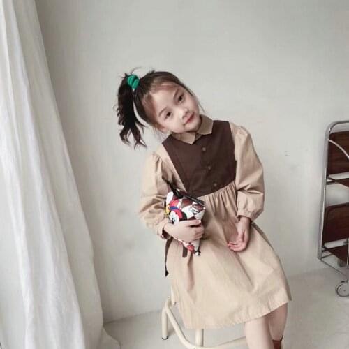 Girls' Long-Sleeve Stitching Dress Autumn New Style Childrens Korean Shirt Collar Brief Casual Dresses WTA35