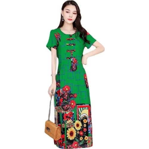 2021 New Female A-Line O-Neck Dresses Cotton and Line Print Women Dresses Summer Floral Female Vintage Short Sleeve Dresses