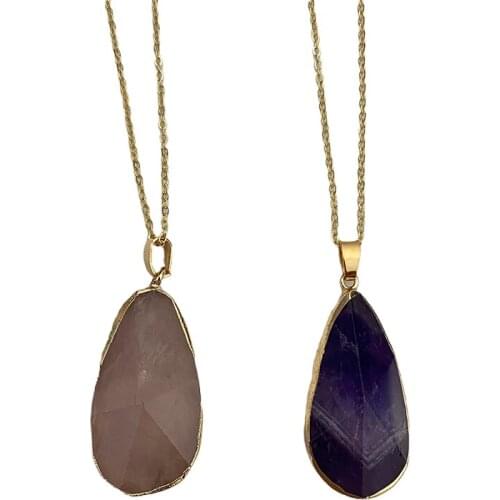 Teardrop Pear Shaped Stone Pendant Women Necklace Facted Drop Raw Quartz Dangle Jewelry Goldtone Plating