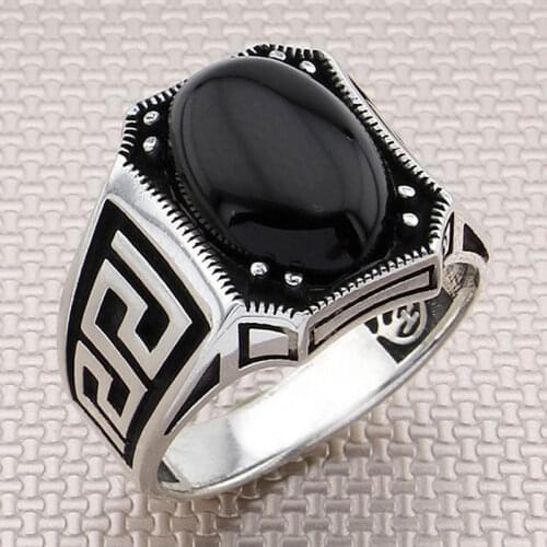 Plain 925 Sterling Silver Ring For Mens Natural Black Onyx Turquoise Red Green Agate Stone Patterned Handmade Turkish Jewelry