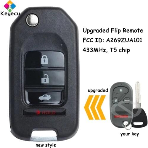 KEYECU Upgraded Flip Remote Key - 3 1 4 Buttons & 433MHz & T5 Chip - FOB for Honda Accord 1998-2002 Prelude 1997-2001 A269ZUA101