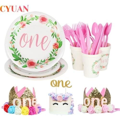 Baby One Year Old Party Disposable Tableware Plate Cup Straw Birthday Party Decoration Kids Girl First 1st Birthday Decorations