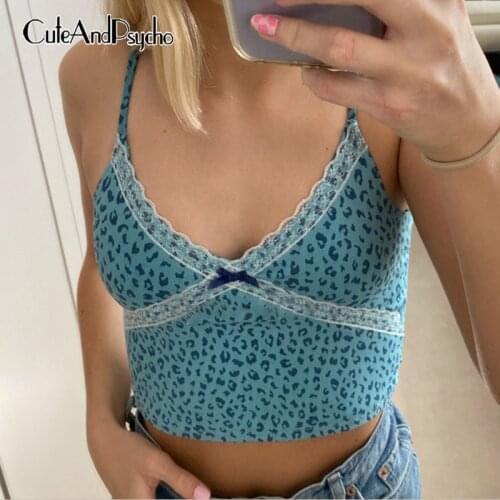 Leopard Printed y2k Lace Sleeveless Tops for Women Patchwork Bow Sexy Bodycon Cropped Tops Fashion Backless Camis Cuteandpsycho
