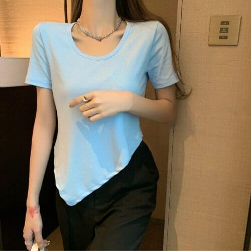 2021Summer irregular Women T-shirt Short Sleeve Female Split fork Loose Sexy Tshirt Tops