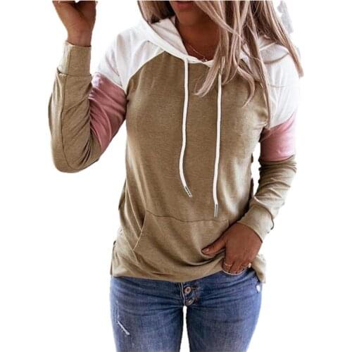 Women Autumn Hoodies Casual Color Block Hoodies Long Sleeve Drawstring Pullover Sweatshirts Female Patchwork Hooded With Pocket