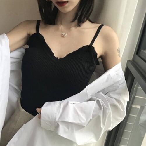 Ladies Style Elegant Fashion Design Summer Casual Knitted Top Sleeveless Ruffles Women Solid Sexy V-Neck Camisole