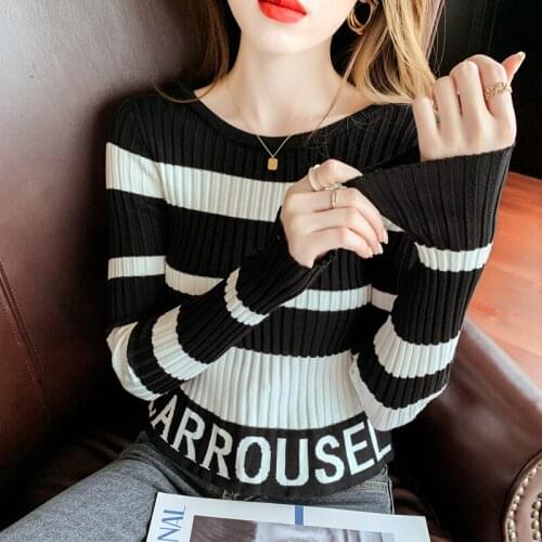 Black and White Striped Knitted Crop Sweater Womens Fashion Round Neck Letter Pullovers Slim Fit Long Sleeve Jumpers Mujer 2021
