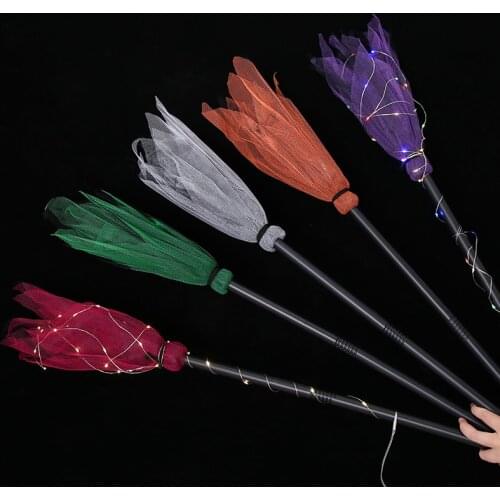 5 colors Halloween Witch Broom Props Halloween Children Gifts LED Light Gauze Witch Broom Halloween Party Decoration