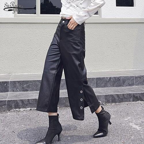 Autumn Mid Waist Capris Casual Straight Pants British Style Womens PU Leather Pants Locomotive Overalls Pantalon Femme 12548