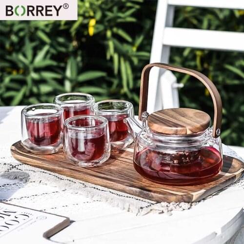 BORREY Teapot Set Acacia Wooden Tray Heat-Resistant Borosilicate Glass Teapot Candle Floral Tea Cup Teaware Coffee Afternoon Tea