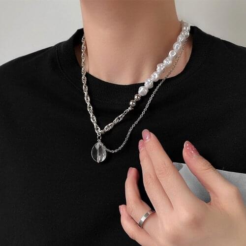 Cosysail Punk Asymmetrical Pearl Spliced Necklace Transparent crystal Pendant Necklace for Female Stainless steel Jewelry 2021