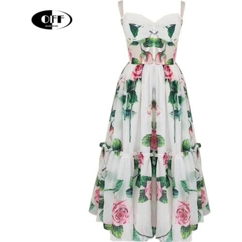 Designer Runway tulle dress summer elegant rose floral tulle Spaghetti strap party dresses light ruffles mesh festival clothing