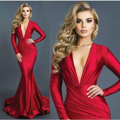 Long Red Mermaid Evening Dresses 2020 Sexy Deep V-neck Long Sleeves Formal Prom Dress Vestidos Elastic Silk Like Satin Custom