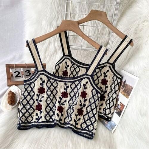 Boho Knitted Camis Women Spring Summer Sexy Hollow Out Beach Tank Tops Vintage Floral Embroidery Crop Top 2021