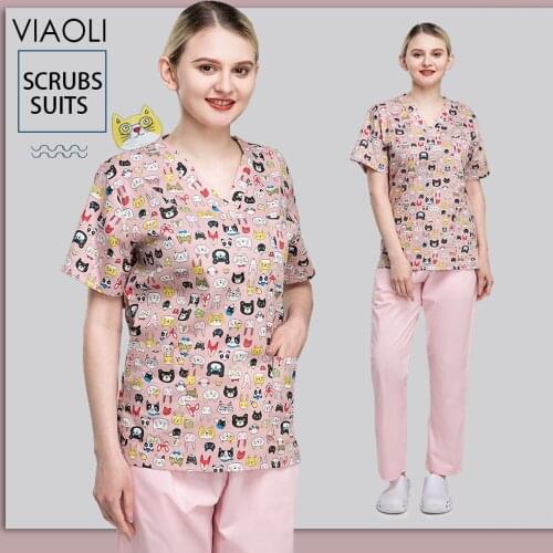 New Multicolor Cotton Animal Flower Print Uniform Beauty Salon Nursing Uniform Lab Uniform Pet Shop Scrub Uniform Work Clothes