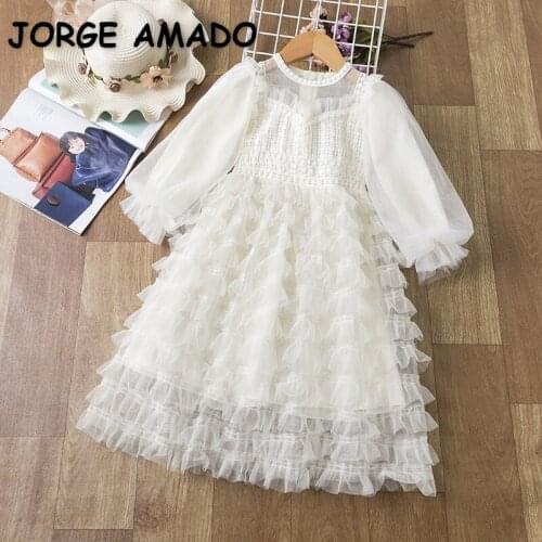 2021 New Spring Teenager Girls Dress Long Puff Sleeves Solid Color Mesh Dresses Children Sweet Style Kids Clothes E2131