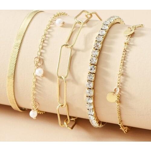 New Vintage Geometric Fashion Bracelets For Women Crystal Faux Pearl Snake Chain Boho Multilevel Bracelet Jewelry Party Gift