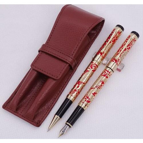 Jinhao 5000 Red Golden Fountain Pen & Roller Pen with Real Leather Pencil Case Bag Washed Cowhide Pen Case Holder Writing Set
