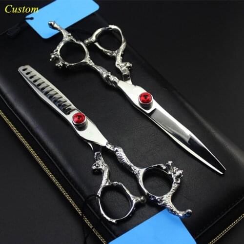 Custom japan 440c 5.5 6 inch red Dragon hair cutting scissors barber makas thinning shears haircut scissor hairdressing scissors
