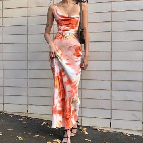 Tie Dye Print Fashion Sexy Backless Lace Up Midi Dresses Sleeveless Club Party Holiday Spaghetti Strap Bandage Split Sundress