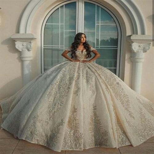 Luxury Dubai Arabia Ball Gown Wedding Dresses Off Shoulder Beads Lace Appliqued Plus Size Custom Made Bridal Gowns Backless Robe