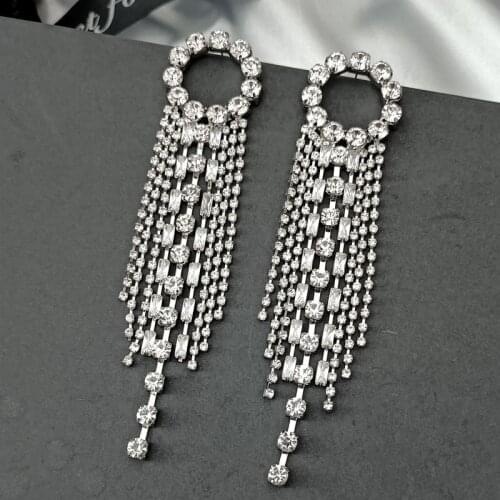 Luxury Rhinestone Drop Earrings for Women Lady Shiny Long Tassel Dangle Earrings Statement Earrings Bridal Wedding Party Jewelry