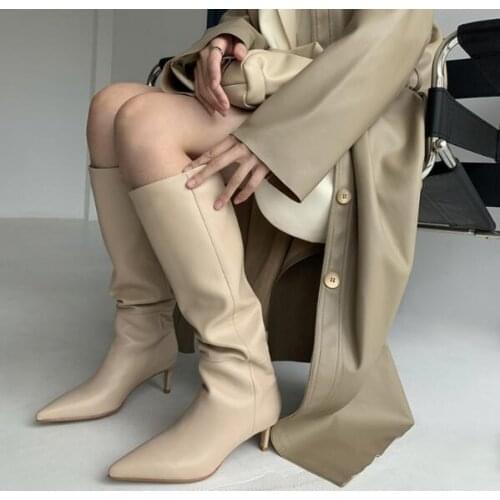 Nude Black Soft Leather Knee High Boots Woman Slip On Pleated Stiletto Heel Boots Pointed Toe Solid Thin High Heel Dress Shoes