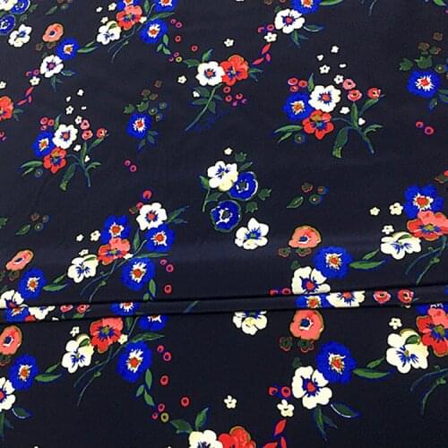 Floral on deep blue pure silk crepe de chine silk fabric for girls dress clohes,SCDC1358
