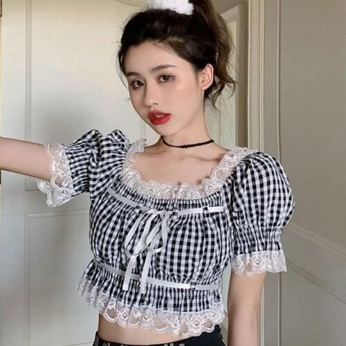 Women Summer Harajuku Tops Bare Midriff White Chiffon Plaid Tanks Crop Top Lace Short Sleeve Cute Sexy Shirts Lolita Blouses