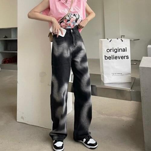 Hand-painted gradient jeans womens 2021 early autumn new straight street style high waist trousers Wide Leg Pants 2 colors