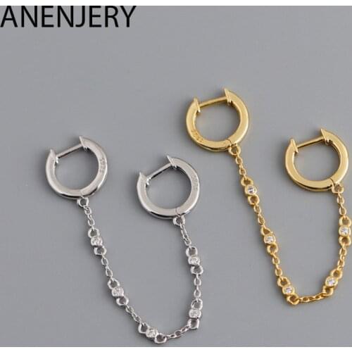ANENJERY 925 Sterling Silver Double Circle Zircon Chain Hoop Earrings For Women Two Pierced Ears Simple Personality Jewelry