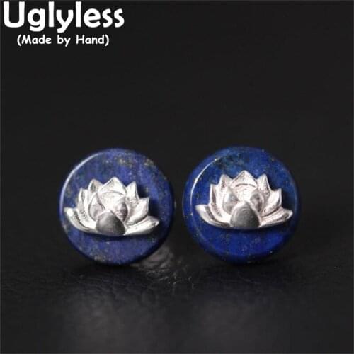 Uglyless Genuine S 925 Sterling Silver Lapis Round Stud Earrings Women Vintage Ethnic Fine Jewelry Handmade Lotus Brincos Bijoux