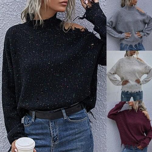 Women 2021 High Collar Sweater Batwing Long Sleeve Knitwear Ripped Off Shoulder Knitting Jumpers Soft Warm Jumper Pullover y2k