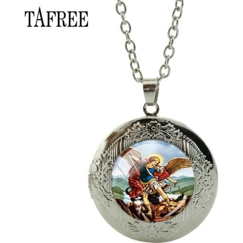 TAFREE Charm Glass Cabochon Michaelmas Photo Locket Necklace St.Michael Necklace Gifts Women Jewelry MC20