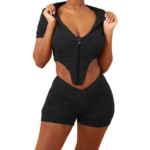 2021 Fashion 2 Pcs Set Tracksuit Women Short Sleeve Hooded Crop Top+Shorts Summer Casual Running Sport Outfit Suit Streetwear