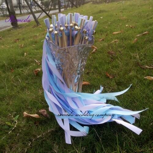 50pcs/lot Light Blue and Purple wedding ribbon wands sticks with gold bell for wedding decoration