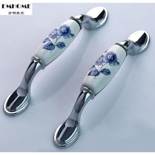 96mm modern fashion rural ceramic kitchen cabinet wine cabonet door handle chrome blue flower dresser cupboard drawer pull knob