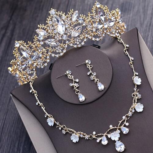 Baroque Light Gold Crystal Bridal Jewelry Sets Rhinestone Tiaras Crown Wedding Dress Accessories Necklace Earrings Set Statement