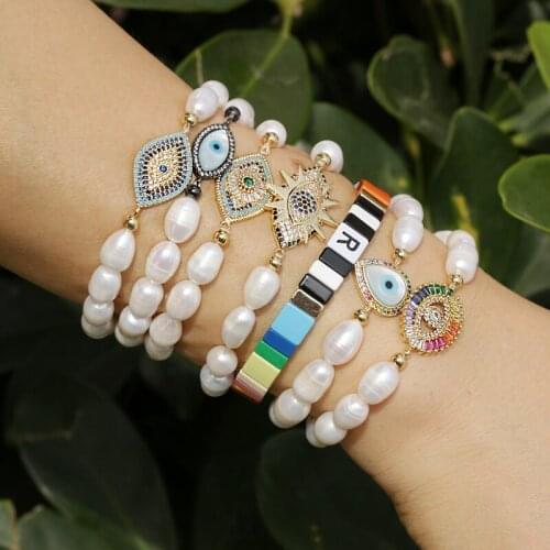 Irregular natural freshwater pearl charms rainbow cubic zirconium pave tiny cross virgin blessing beaded bracelet woman jewelry