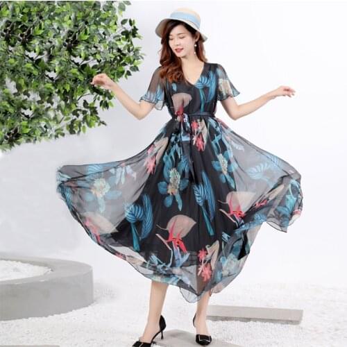 V Neck Flowy Bohemian Chiffon Floral Long Plus Size Summer Wedding Guest Beach Holiday Floryday Maxi Dress Bridesmaid Sundress