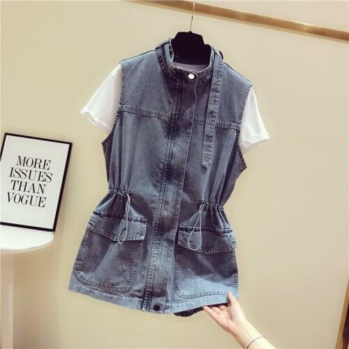 Women Spring Autumn Adjust Waist Denim Vest Outwear Plus Size Female Loose Jean Waistcoat Ladies Blue Sleeveless Jackets Tank