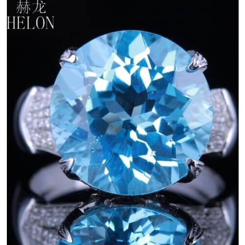 HELON Solid 14K White Gold Flawless Round 14mm Genuine Sky Blue Topaz Diamonds Engagement Ring Wedding Unique Fine Jewelry Ring