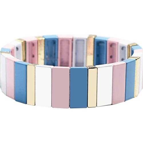 Square Enamel Tile Bracelet Golden Enameled Beaded Stretch Bracelet Stackable Colorblock Metal Strand Bracelet for Women Men